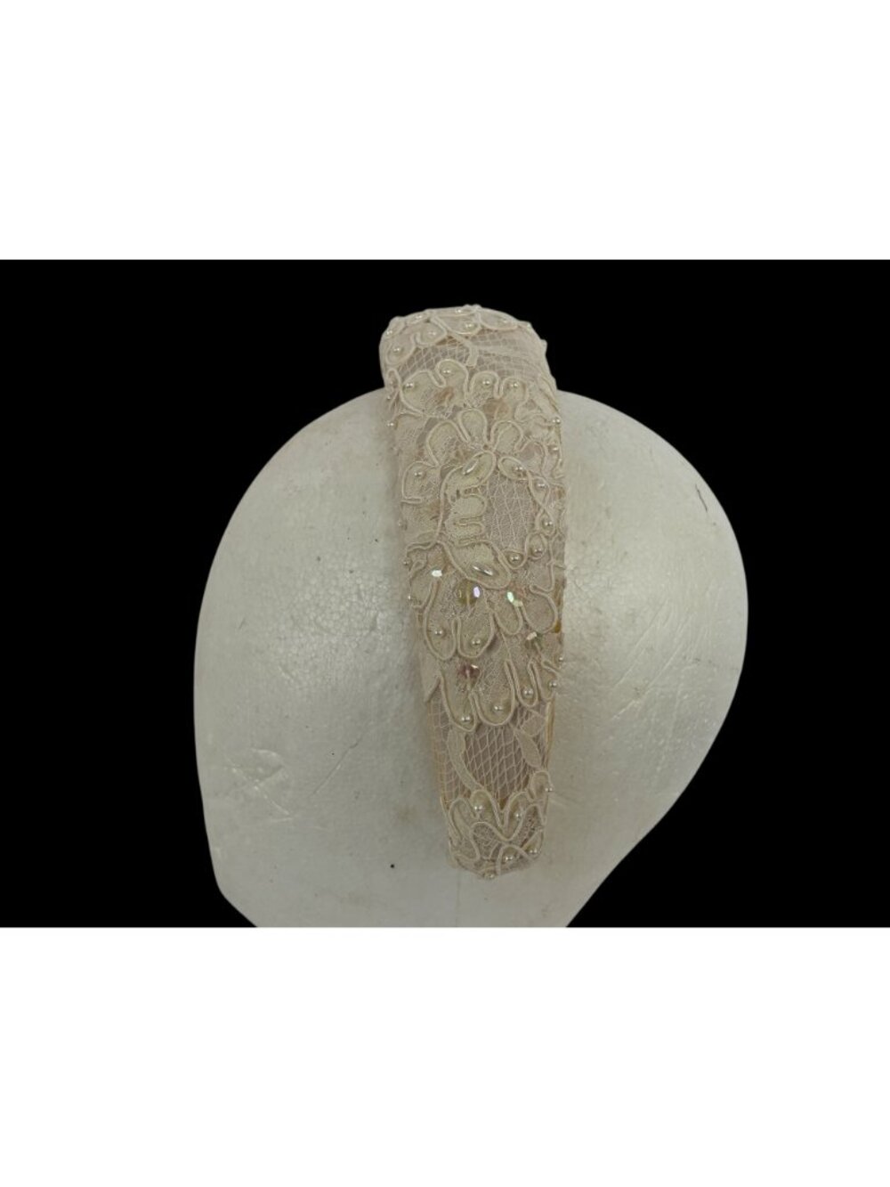 Ivory Lace Pearl Beaded Headband Bridal Wide Padded Wedding Vintage Bride - Picture 2 of 12